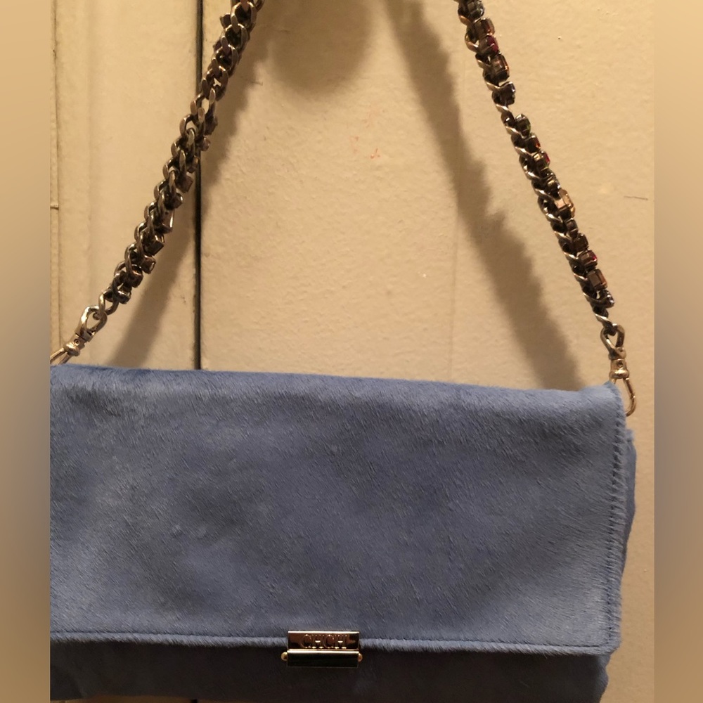 Gorgeous CH Carolina Herrera sky blue pony hair shoulder bag with jeweled chain